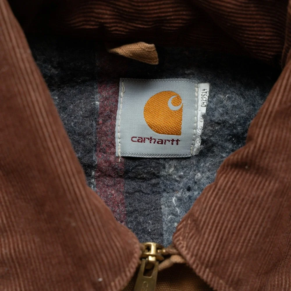 Vtg Carhartt Brown Detroit Blanket Lined Jacket J97 Size Small Corduroy Collar
